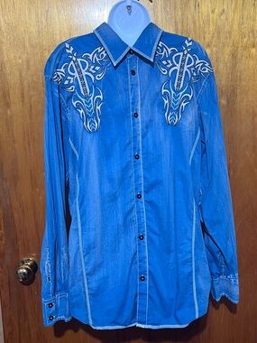 Roar Brand Embroidered Blue Shirt Size Large Y2K Western Grunge